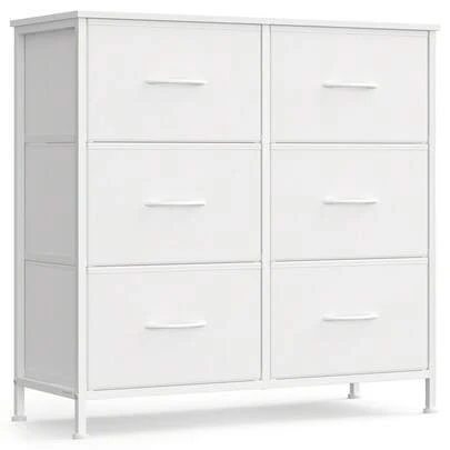 SONGMICS Chest Of Drawers, 6 Fabric Drawers Storage Unit, Steel, MDF, Non-Woven Fabric, For Bedroom, Closet, Hallway, Living Room, Cloud White And White