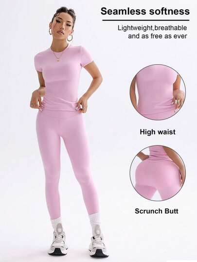 Colección de fitness de campus juvenil, primavera-verano, elástica, ajustada, cuello redondo, dulce, de moda, versátil, elegante, camiseta de manga corta y pantalones casuales de cintura alta delgados, control de abdomen, básicos diarios, para baile, levantamiento de glúteos, calle, correr, yoga, conjunto de dos piezas