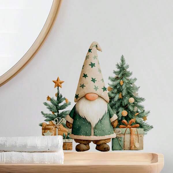 Christmas Green Dwarf And Christmas Tree Toilet Sticker - With Gifts Boxes Design, Self - Adhesive, Removable PVC Wall & Toilet Sticker, Ideal For Bathroom, Toilet, Wall, Home Decor Stickers,Xmas Gifts, Festival Decor
