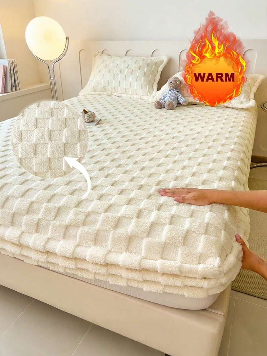 1 buah Set Sprei Fitted Fleece Tebal dan Hangat Motif Papan Catur, Lembut & Nyaman, Cocok untuk Kamar Tidur, Asrama, Kamar Tamu, Berlaku untuk Tempat Tidur Ukuran Twin, Full, Queen, King, Musim Gugur/Musim Dingin/Musim Semi - Krem - View 1