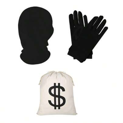 Set costume da rapinatore, include borsa portasoldi a forma di simbolo del dollaro da 30x40 cm, guanti neri e maschera per festa di Ognissanti, costume da pirata o ladro per cosplay