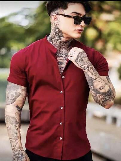 Camisa Social Gola Padre Masculina Slim Fit Manga Curta