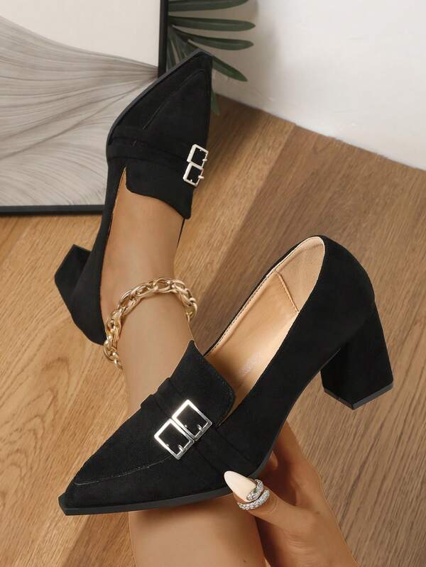 Pointed Toe High Block Heel Slip-On Pumps, Versatile High Heels, Work Shoes, Solid Color Buckle Decor