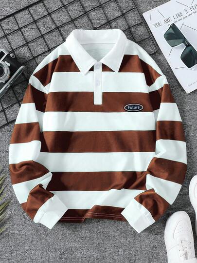 1 件男童经典日常休闲拼色条纹 Polo 领运动衫，秋冬
