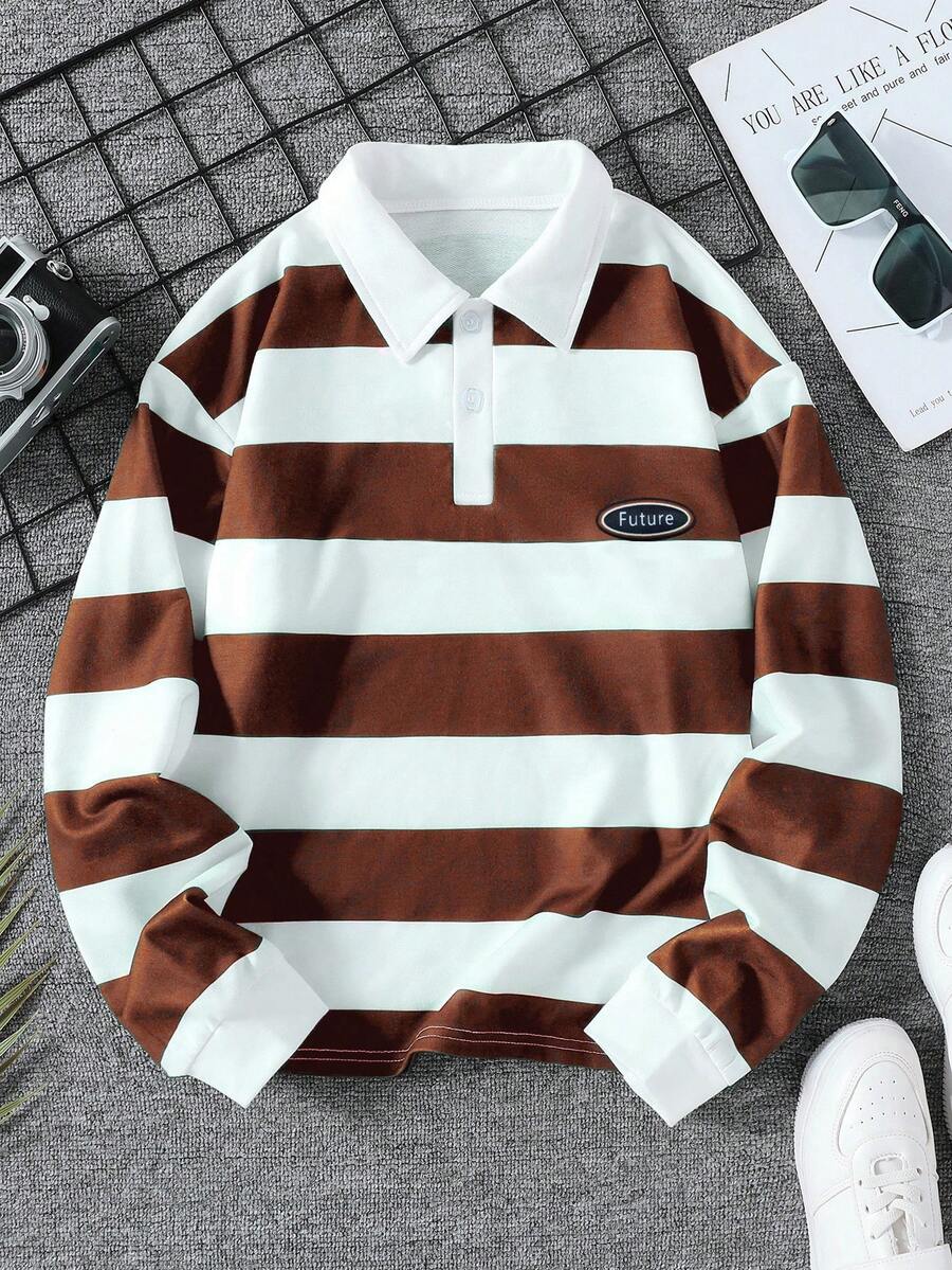 1 件男童经典日常休闲拼色条纹 Polo 领运动衫，秋冬 - 棕色 - 查看 1