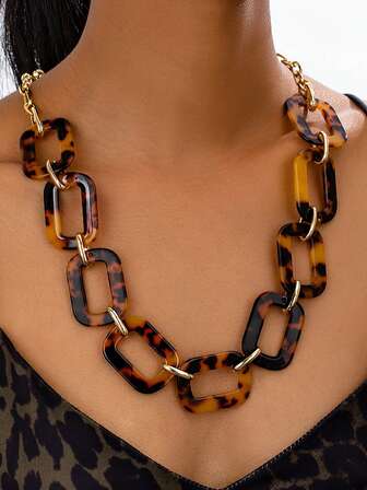 1pc Leopard Print Exaggerated Retro Rhinestone Hip-Hop Thick Chain Necklace, Fashion High-End Choker Necklace, Autumn/Winter Leopard Acrylic Lock Clasp Chain, Unique Design Sweet & Cool Style