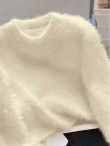 1 件女士高品质貂皮羊绒毛衣，短款针织上衣，优雅日常穿着，秋冬 - 杏色 - 查看 3