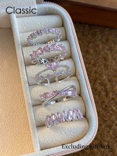 5件套浪漫粉色立方氧化锆镶嵌几何心形多元素设计独特精品高端铜戒指套装，适合女性日常、约会、派对、节日礼物