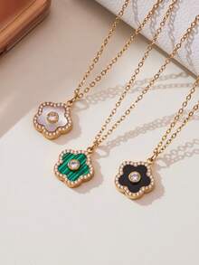 1pc 18K Gold Plated Stainless Steel 5-Leaf Flower Cubic Zirconia Necklace & Bracelet Jewelry Set, Suitable For Daily Wear And Gifting, Valentine's Day, Birthday, Mother's Day