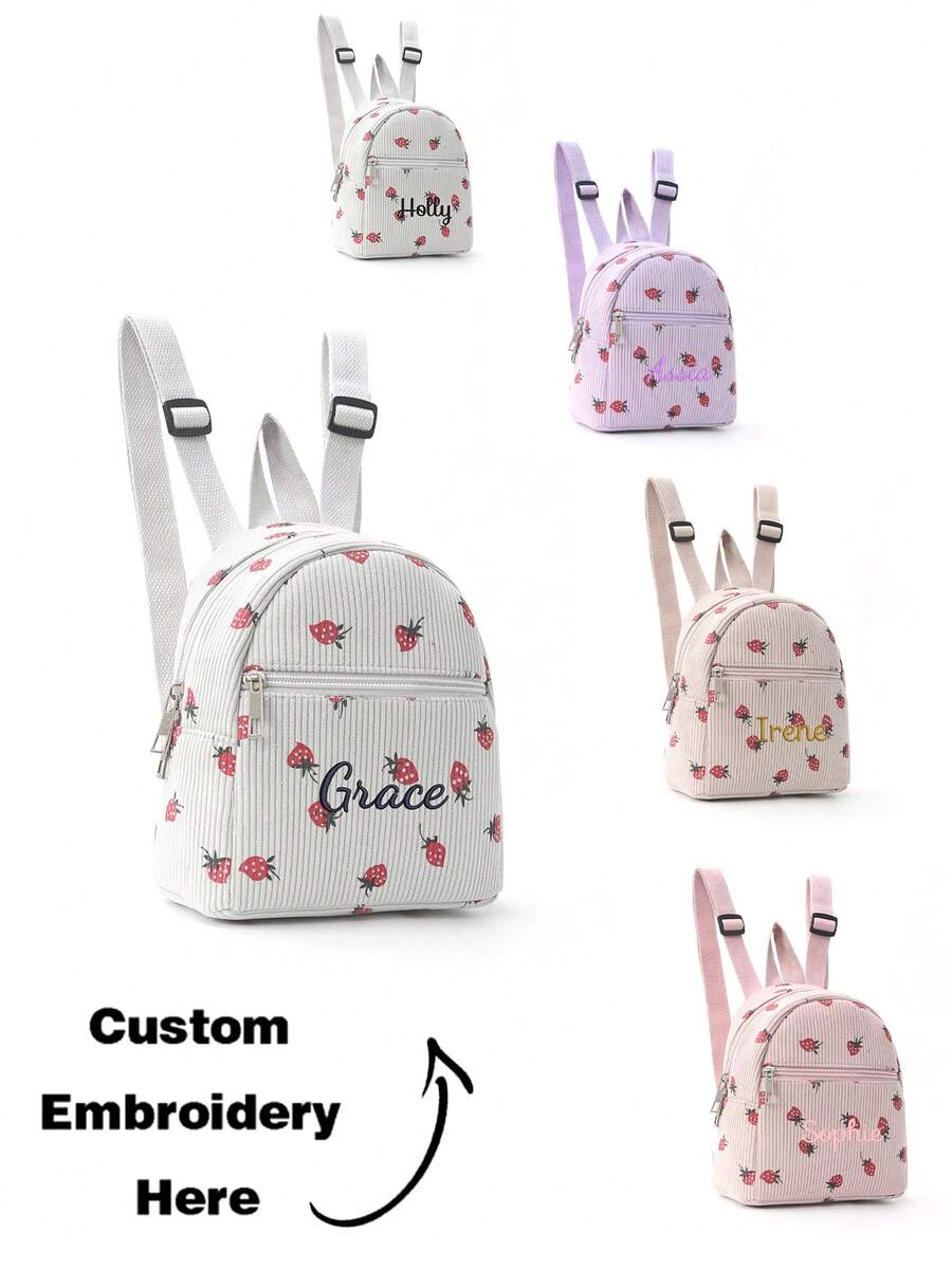 Personalized Strawberry Print Mini Corduroy Backpack, Cute Small School Bag For Boys And Girls, Perfect Gift For Back To School - Multicolor - View 1