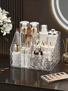 1pc Transparent Makeup Organizer Box, Bathroom Vanity Countertop Storage Basket, Multi-Compartment Organizer Rack - Corrugated Transparent - View 6
