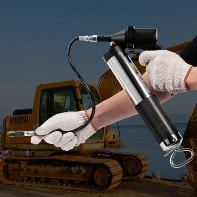 Air Operated Grease Gun 6000PSI 14 OZ/400 CC Capacity Heavy Duty Pneumatic Grease Gun With 18.5 Inch Flexible Hose 1 Black Flat Coupler Pointed Coupler Bent Metal Pipe Locking Clamp Coupler