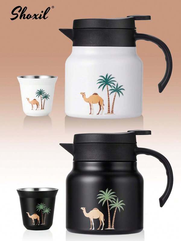 shoxil 1pc 800ml Teapot, Kettle, Double Wall Stainless Steel Insulated Coffee Pot, Saudi Style Camel Coconut Tree , Thermal Carafe, 80ml Tea Cup, Coffee Cup, Water Cup, Double-Layer Insulated Cup, Suitable For Office, Restaurant, Outdoor, School, Home, Great For Christmas, Valentine's Day, Mother's Day, Back To School, Birthday Gift Back To School, Saudi National Day
