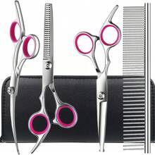 Un set de tijeras profesionales para el cuidado de perros y gatos equipado con tijeras curvas y un peine de acero inoxidable, para cortar, recortar, doblar, cortar el flequillo, y otras necesidades de belleza para mascotas - Púrpura malva - Ver 8