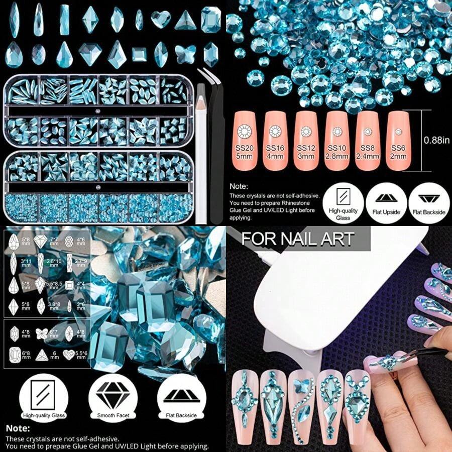 Multi Shapes 3D Glass Crystal Nail Art Rhinestones Kit With Flatback Round Bead Charm Gem Stone Jewelry Diamond With Pickup Pen + Tweezer For Manicure Craft Decoration By BELLEBOOST (Iridescent)(Multi-Shaped Light Blue-2 2 Packs) - Loại 3 - Xem 1