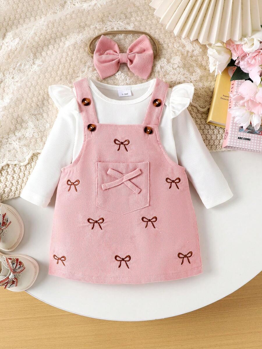 2pcs Baby Girls Minimalist Comfortable Long Sleeve Bodysuit + Bib Dress Set, Lightweight, Spring/Autumn