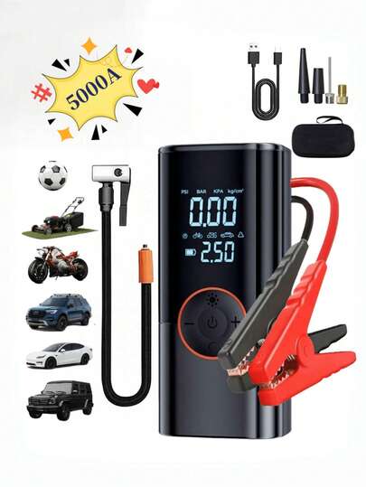 带空气压缩机的汽车应急启动器，5000A 150PSI 汽车电瓶应急启动器，12V 便携式汽车电瓶应急启动器，带启动线、液晶显示屏和 LED 照明