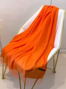 1pc 190*70cm Outdoor Classic Solid Color Windproof Shawl, 120g Fashionable Unisex Thin Fringe Shawl, Air-Conditioned Room Warm Oversized Scarf, All Season Thin Solid Color Headscarf, Rectangular Scarf For Women, Available In Red, Maroon, Black, White, Beige, Yellow, Blue, Green, Burgundy For Dress, Beach, Holiday - Orange - View 3