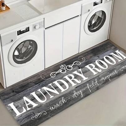 [Farmhouse Style Runner] Durable Non-Slip Laundry Room Runner| Easy-To-Clean, Washable Floor With Rubber Backing - Gray/Wood-Tone Farmhouse Style Decoration Laundry Rooms, Kitchens, Bathrooms - Home Carpets, Rural Design, Sturdy Structure
