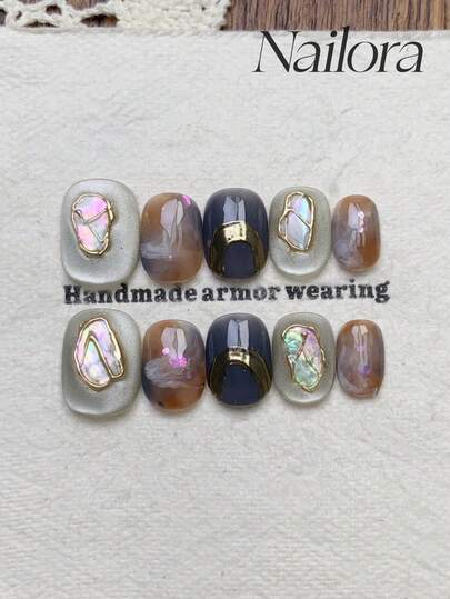 10 piezas de uñas postizas cuadradas hechas a mano, uñas de degradado azul oscuro a naranja, uñas de ojos de gato plateadas brillantes, uñas con líneas metálicas irregulares pintadas a mano, uñas con incrustaciones de polvo de brillo y perlas, uñas elegantes y sencillas para el otoño, uñas postizas minimalistas y estéticas para uso versátil en fiestas, citas y entornos laborales, reutilizables, como suministros de uñas para regalo de mujeres y niñas