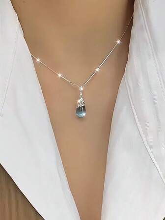 1 pieza Collar con colgante de gota de agua de plata de ley 925, collar minimalista elegante y versátil, cadena delicada para la clavícula como regalo