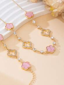 一套浪漫、精致、奢华、优雅、甜美、幸运谷四叶草和五叶草吊坠项链和手链首饰套装（女士款） - 粉色 - 查看 5