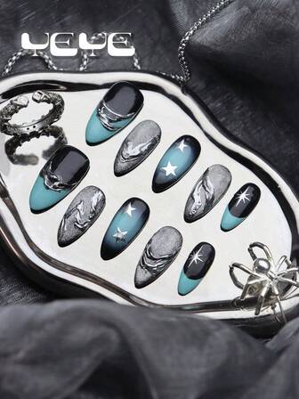 10pcs Almond Fake Nails Acrylic Medium Length,Blue Nails,Graident Black,Blush Design,Metal Star,Chrome French Tips,Elegant Full Coverage Fake Nail Set,Rock Style,Punk Nordic Full Cover Acrylic Fake Nails For Girls Press On Fall Kit For Girls And Women With 1pc Mini Nail File & 1 Sheet Adhesive Tabs,Suit For Gift,Daily,Party & Holiday