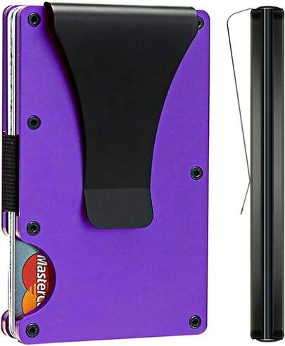 2 Pieces Metal Wallet For Men - Minimalist Slim Wallet - RFID Blocking Card Holder Money Clip, Smart Wallet - Aluminum Credit Card Holder (Gray Purple)
