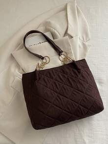 New Vintage Suede Large Tote Bag, Quilted Diamond Pattern, Faux SuedOne Shoulderder, Fashionable Gold Foil Letter Decor, Leather Label, Large Capacity, Chain Shoulder Strap, Crossbody, Dual Top Handle, Casual, Commuter, Retro Style Women Handbag, Autumn/Winter - Coffee - View 8