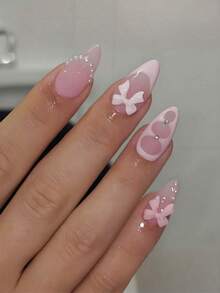 24pcs Medium Almond Press On Nails Pink French Tip Nails With Bowknot Pearls Design Sweet Style For Women Girls Fake Nails Art Daily Dating Office Home Party