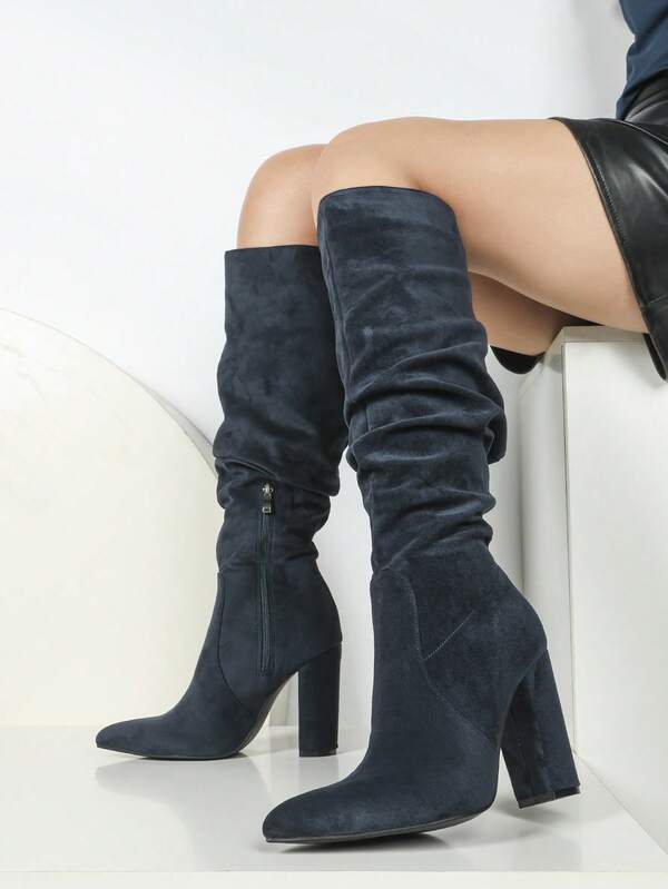 Europäischer und amerikanischer Stil einfarbige plissierte Overknee-Stiefel, neue Herbst-/Winterstiefel mit spitzer Zehenkappe und Plateauabsatz in Saphirblau, Western-Stil Nachtclub Reißverschluss Seitlicher Metallösen Party Urlaub