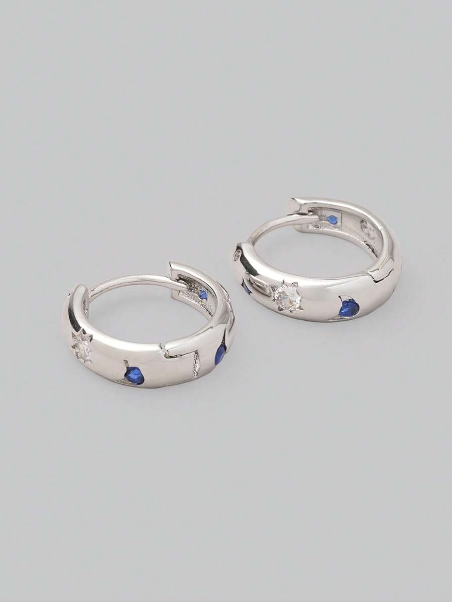 DareSee 2pcs Elegant Silver Star & Moon Earrings, Inlaid Blue & White Zirconia, Luxury Jewelry For Women, Suitable For Holiday Gifts Gifts - Silver - View 1