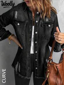 Plus Size Women Casual Distressed Frayed Denim Jacket - Black - View 1