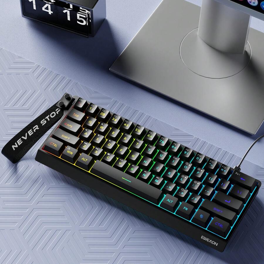 EWEADN 迷你键盘 61 键布局游戏，有线 Type-C，静音 RGB 背光美学设计，小巧轻便，兼容笔记本电脑/台式机/PC/办公室，白色和黑色 - 黑色 - 查看 1