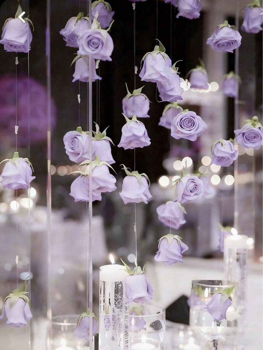 20pcs/10 Red Roses + 1 Roll 500cm Transparent Rope, Hanging Small Red Roses For Wedding Decoration, Hanging Red Roses Artificial Silk Flowers - Suitable For Wedding Arches, Parties, Bridal Showers, Bouquets, Party Centerpieces And Ceiling Decor - Perfect Gift For Wedding Planners And DIY Enthusiasts, Birthday Graduation Gift, Suitable For DIY Wedding Decor, Bridal Showers, Wedding Bouquets, Party Centerpieces, Ceiling Decor - Purple - View 1