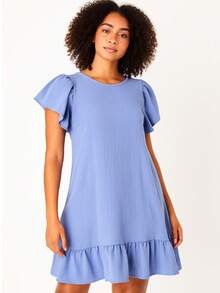 Plus Size Midi Dress, Fits Large And Small Sizes, With Ruffled Princess Sleeves, Puff Sleeves, And A Loose Fit, Dune Color. - Baby Blue - View 1