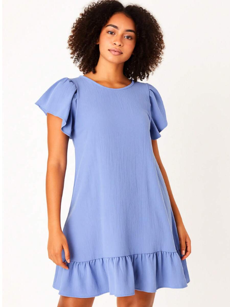 Plus Size Midi Dress, Fits Large And Small Sizes, With Ruffled Princess Sleeves, Puff Sleeves, And A Loose Fit, Dune Color. - Baby Blue - View 1