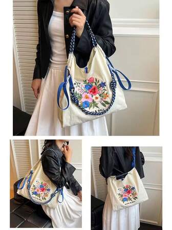 1 件时尚百搭刺绣手提包，卡通猫图案，轻便通勤尼龙可折叠购物袋