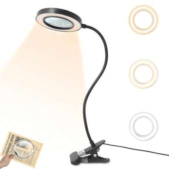 Clip On Light With 5X Magnifying Glass, Clip On Magnifier With Light, 48 LED Desk Magnifying Glass Wtih Clamp, 3 Modes Dimmable Magnifying LED Lamps For Bed Work Crafts DIY Repair