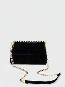 复古绗缝黑色麂皮方形包，现代简约奢华风格女士单肩包，饰以刺绣线和金属链，拉链封口，适合日常购物和休闲穿着 - 黑色 - 查看 2