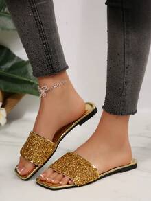 Sandale fără mâneci cu strasuri, pentru femei, ușoare, antiderapante, ținute casual de plajă, potrivite pentru mărimi mari, papuci de vară la modă cu sclipici - Aur - Vizualizare 4
