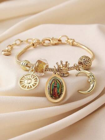 1 件经典不锈钢圣母玛利亚耶稣十字架串珠手链，可拆卸星月皇冠 DIY 铜链手链，适合女性、节日派对、祈祷、个性化配饰、送给朋友和家人的礼物