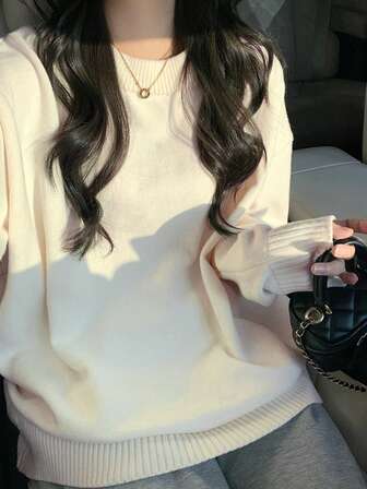 Women's Casual Loose Fit Warm Pullover Sweater, Versatile Round Neck Long Sleeve, Apricot Color, Korean Style For Daily Wear, Autumn/Winter