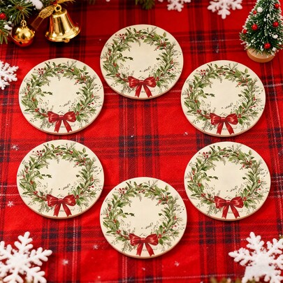 Set di 6 sottobicchieri in legno natalizi con fiocco rosso e pigne - 10 cm di diametro, antiscivolo, protezione per tavoli da caffè e decorazione domestica - regalo perfetto per il riscaldamento della casa, compleanno, Natale, decorazione cucina, accessori cucina, decorazione tavolo, scegli tra set da 1, 2 o 3