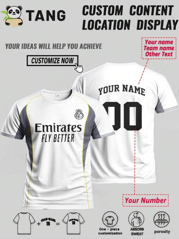 Camiseta de fútbol personalizada del Real Madrid en negro y blanco para hombres, sudadera deportiva de cuello redondo cómoda, adecuada para entrenamiento de fútbol, uso casual y como regalo