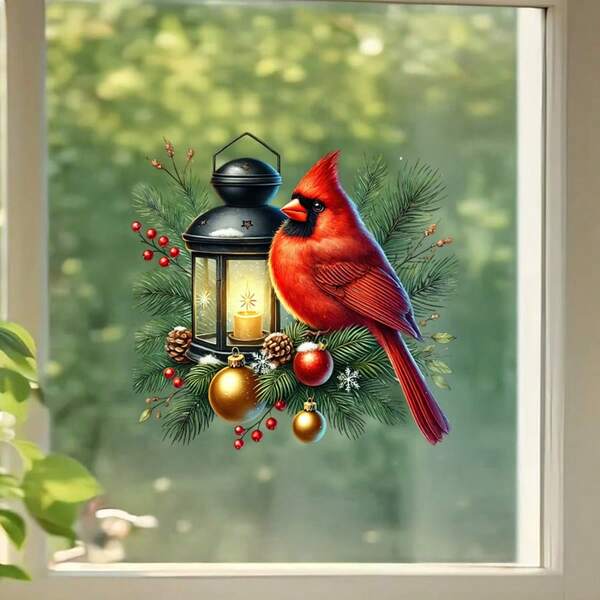 Calcomanía navideña de cardenal y farol para ventana - Pegatina de pared autoadhesiva con campanas, bayas rojas y piñas - Perfecta para decoración del hogar, ventana o pared - Regalo ideal para Navidad, decoración navideña
