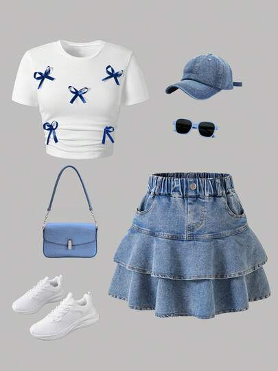 Toddler Girls' Bow Decor Short Sleeve Top And Denim Skirt Set