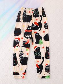 2pcs/Set Boys & Teens Casual Cartoon Cat Animal Print Lapel Long Sleeve Cardigan And Pants Sleepwear Set, Flame Retardant, Suitable For Christmas & All Seasons