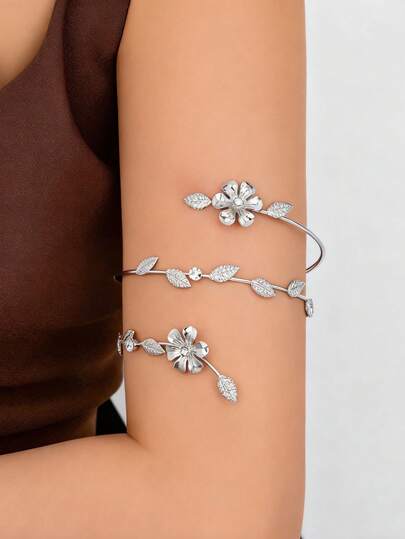 1pc Floral Decor Metal Arm Cuff/Metal Wire Wrapped Design Upper Arm Bracelet For Women