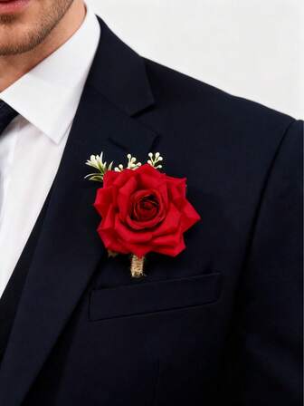 1pc Nature-Inspired Artificial Rose Flower Leaf Fruit Decor Boutonniere, Suitable For Wedding, Party, Banquet And Other Occasions